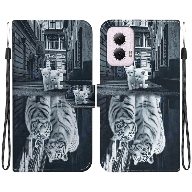 For Motorola Moto G Power 5G 2024 Crystal Texture Colored Drawing Leather Phone Case(Cat Tiger Reflection) - Motorola Cases by buy2fix | Online Shopping UK | buy2fix