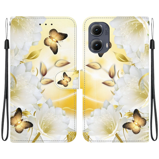 For Motorola Edge 2024 Crystal Texture Colored Drawing Leather Phone Case(Gold Butterfly Epiphyllum) - Motorola Cases by buy2fix | Online Shopping UK | buy2fix