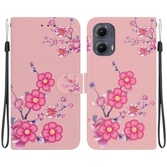 For Motorola Edge 2024 Crystal Texture Colored Drawing Leather Phone Case(Cherry Blossoms) - Motorola Cases by buy2fix | Online Shopping UK | buy2fix