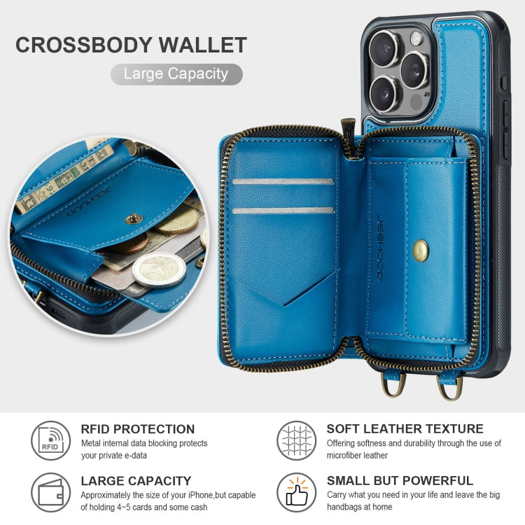 For iPhone 16 Pro Max JEEHOOD C22 Series Zipper Wallet Leather Phone Case with Dual Lanyard(Blue) - iPhone 16 Pro Max Cases by JEEHOOD | Online Shopping UK | buy2fix