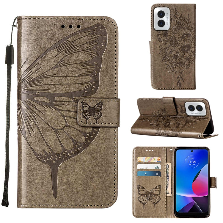 For Motorola Moto G Play 4G 2024 Embossed Butterfly Leather Phone Case(Grey) - Motorola Cases by buy2fix | Online Shopping UK | buy2fix