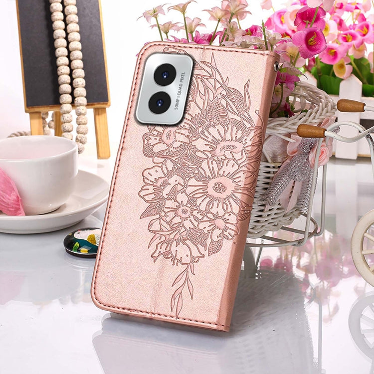 For Motorola Moto G Play 4G 2024 Embossed Butterfly Leather Phone Case(Rose Gold) - Motorola Cases by buy2fix | Online Shopping UK | buy2fix