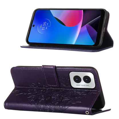 For Motorola Moto G Play 4G 2024 Embossed Butterfly Leather Phone Case(Dark Purple) - Motorola Cases by buy2fix | Online Shopping UK | buy2fix