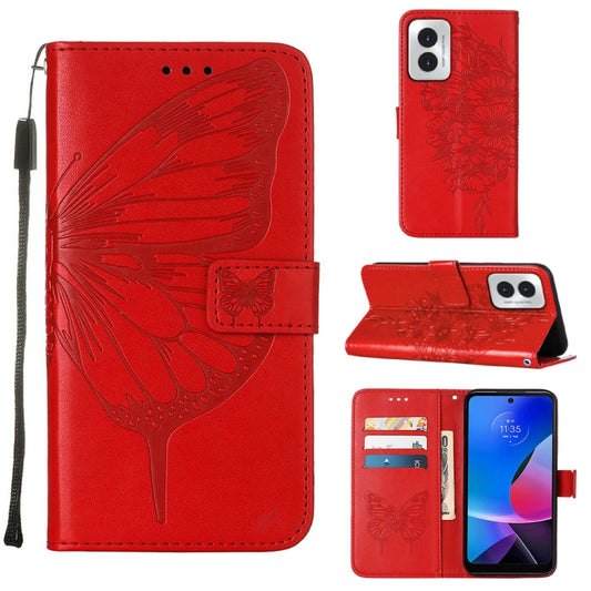 For Motorola Moto G Play 4G 2024 Embossed Butterfly Leather Phone Case(Red) - Motorola Cases by buy2fix | Online Shopping UK | buy2fix