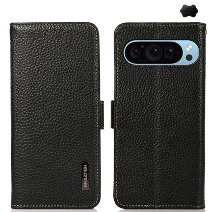 For Google Pixel 9 KHAZNEH Side-Magnetic Litchi Genuine Leather RFID Phone Case(Black) - Google Cases by buy2fix | Online Shopping UK | buy2fix