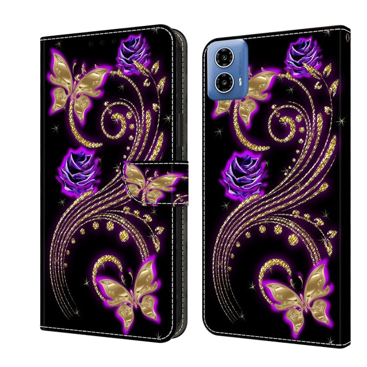 For Motorola Moto G24 Crystal 3D Shockproof Protective Leather Phone Case(Purple Flower Butterfly) - Motorola Cases by buy2fix | Online Shopping UK | buy2fix