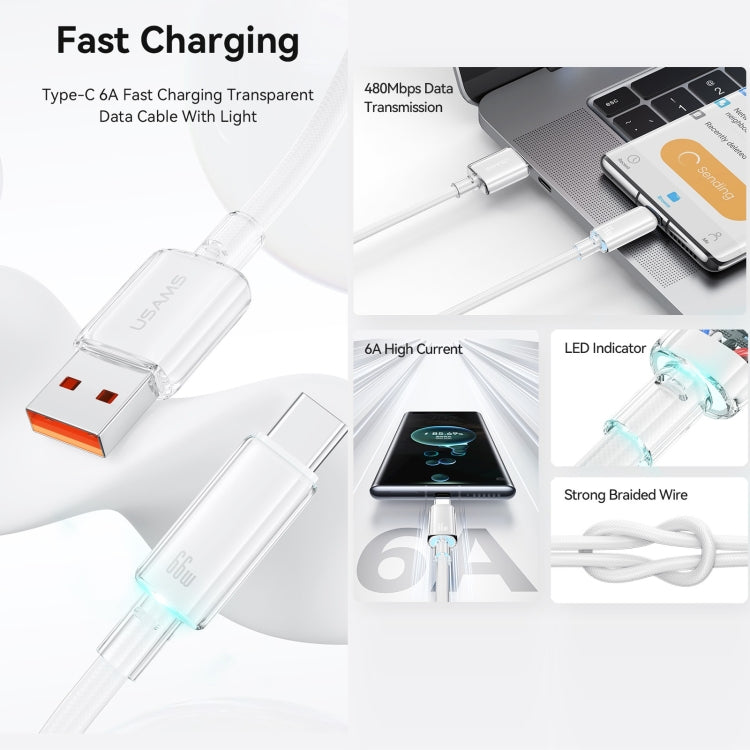 USAMS USB To Type-C 6A Aluminum Alloy Clear LED Fast Charge Data Cable, Length: 1.2m(White) - Multifunction Cable by USAMS | Online Shopping UK | buy2fix