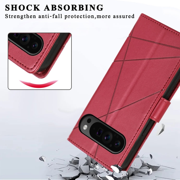 For Google Pixel 9 Pro PU Genuine Leather Texture Embossed Line Phone Case(Red) - Google Cases by buy2fix | Online Shopping UK | buy2fix