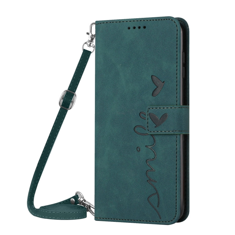 For Motorola Edge 5G 2024 Skin Feel Heart Embossed Leather Phone Case with Long Lanyard(Green) - Motorola Cases by buy2fix | Online Shopping UK | buy2fix