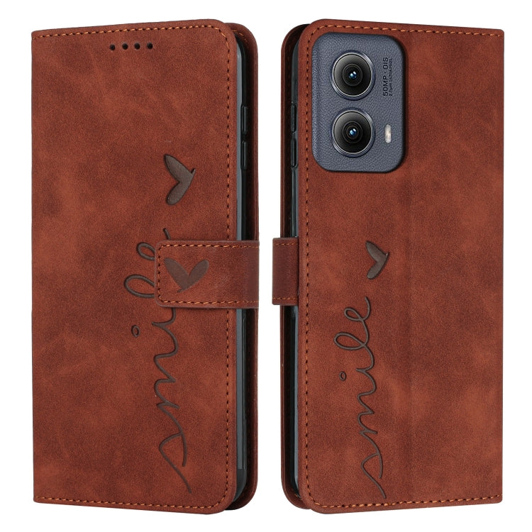 For Motorola Edge 5G 2024 Skin Feel Heart Embossed Leather Phone Case with Long Lanyard(Brown) - Motorola Cases by buy2fix | Online Shopping UK | buy2fix