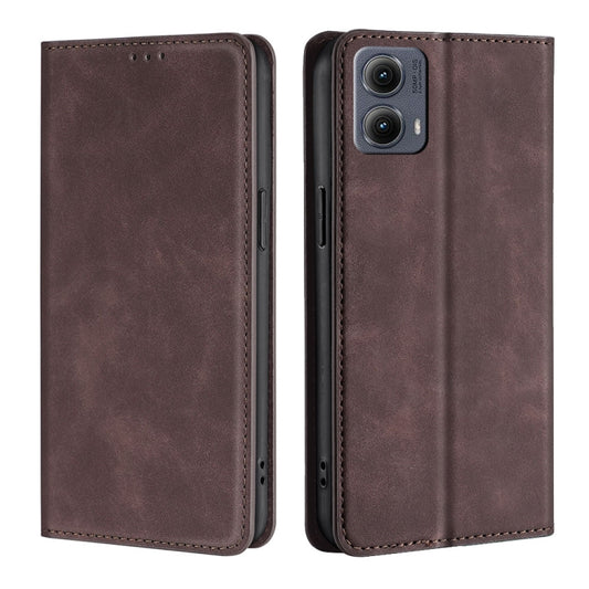 For Motorola Edge 5G 2024 Skin Feel Magnetic Leather Phone Case(Dark Brown) - Motorola Cases by buy2fix | Online Shopping UK | buy2fix