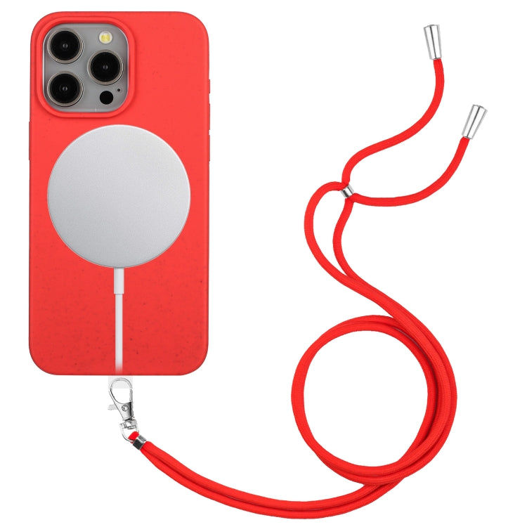 For iPhone 15 Pro Wheat MagSafe Magnetic Straw Material + TPU Phone Case with Lanyard(Red) - iPhone 15 Pro Cases by buy2fix | Online Shopping UK | buy2fix