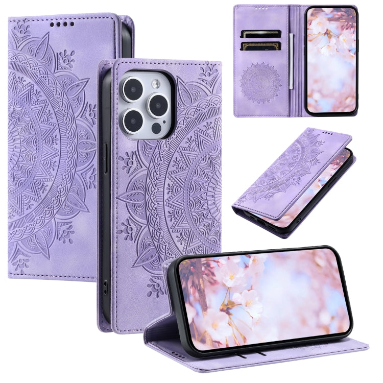 For iPhone 16 Pro Totem Embossed Magnetic Leather Phone Case(Purple) - iPhone 16 Pro Cases by buy2fix | Online Shopping UK | buy2fix