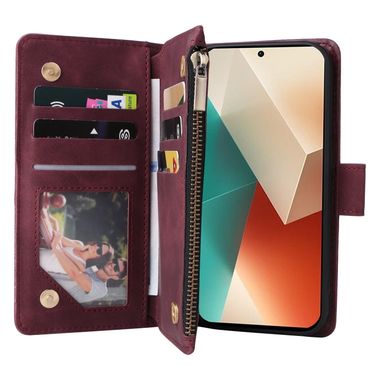 For Xiaomi Redmi Note 13 5G Multifunctional Frosted Zipper Wallet Leather Phone Case(Wine Red) - Note 13 Cases by buy2fix | Online Shopping UK | buy2fix