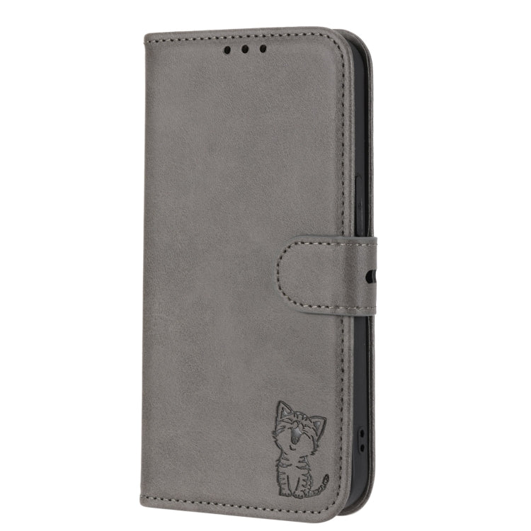 For Google Pixel 9 Embossed Happy Cat Pattern Flip Leather Phone Case(Grey) - Google Cases by buy2fix | Online Shopping UK | buy2fix