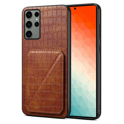 For Samsung Galaxy S24 Ultra 5G Denior Imitation Crocodile Leather Back Phone Case with Holder(Brown) - Galaxy S24 Ultra 5G Cases by Denior | Online Shopping UK | buy2fix