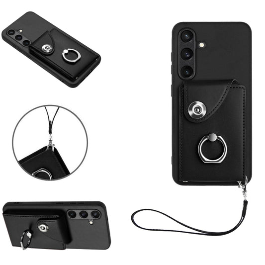For Samsung Galaxy S24+ 5G Organ Card Bag Ring Holder PU Phone Case with Lanyard(Black) - Galaxy S24+ 5G Cases by buy2fix | Online Shopping UK | buy2fix