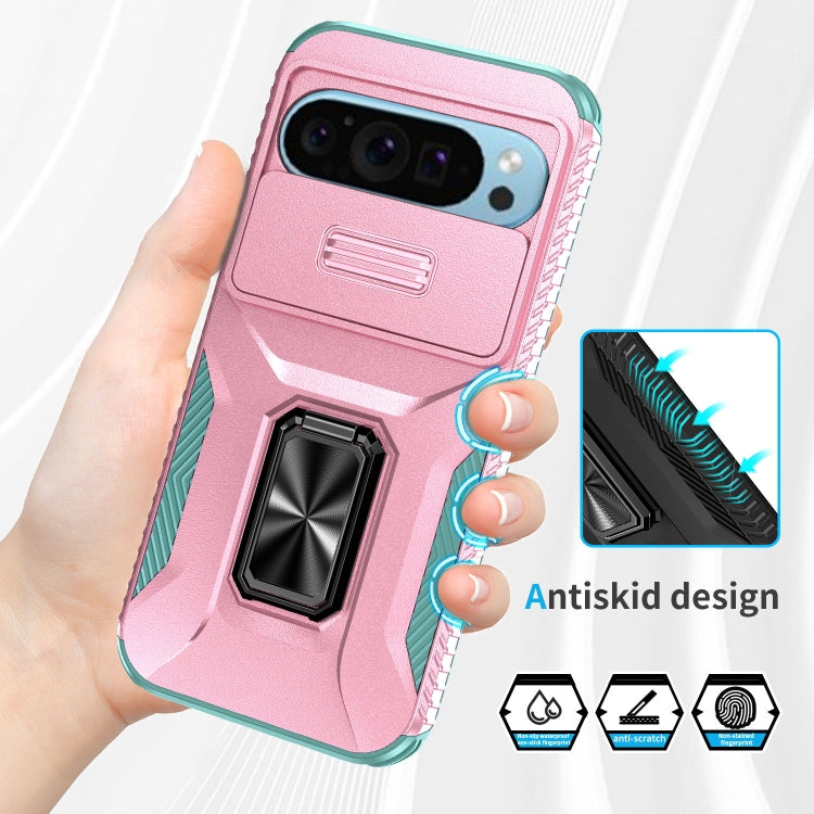 For Google Pixel 9 / Pixel 9 Pro Sliding Camshield Holder Phone Case(Pink + Grey Green) - Google Cases by buy2fix | Online Shopping UK | buy2fix