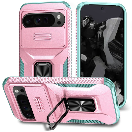 For Google Pixel 9 Pro XL Sliding Camshield Holder Phone Case(Pink + Grey Green) - Google Cases by buy2fix | Online Shopping UK | buy2fix