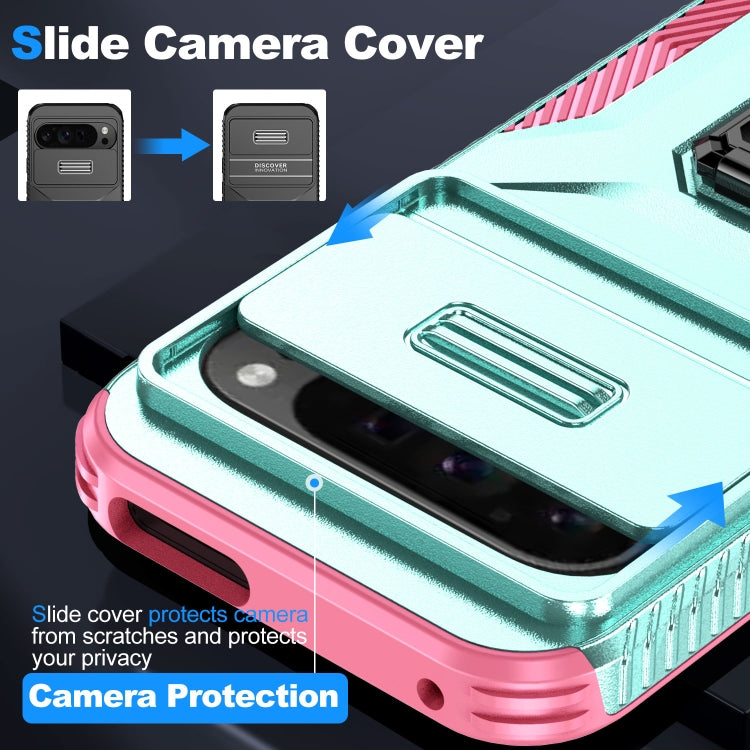 For Google Pixel 9 Pro XL Sliding Camshield Holder Phone Case(Grey Green + Pink) - Google Cases by buy2fix | Online Shopping UK | buy2fix