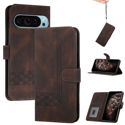 For Google Pixel 9 Cubic Skin Feel Flip Leather Phone Case(Brown) - Google Cases by buy2fix | Online Shopping UK | buy2fix