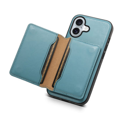 For iPhone 16 Plus Denior Cowhide Texture Leather MagSafe Detachable Wallet Phone Case(Blue) - iPhone 16 Plus Cases by Denior | Online Shopping UK | buy2fix