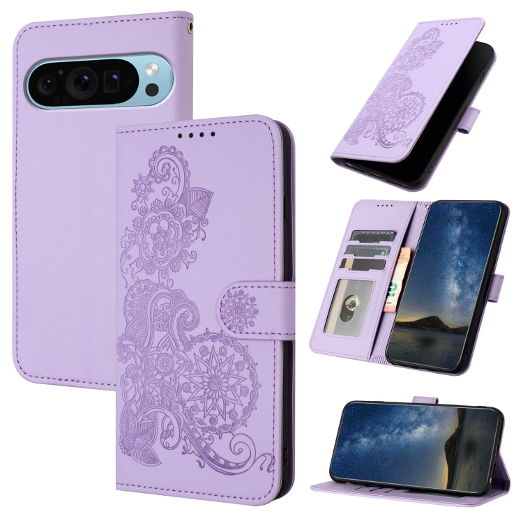 For Google Pixel 9 Pro Datura Flower Embossed Flip Leather Phone Case(Purple) - Google Cases by buy2fix | Online Shopping UK | buy2fix