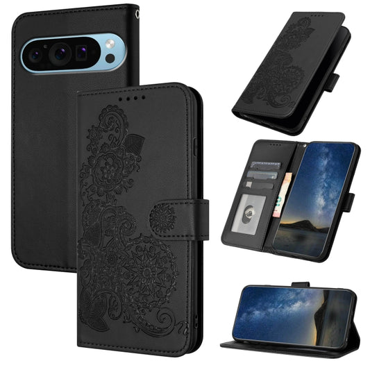 For Google Pixel 9 Datura Flower Embossed Flip Leather Phone Case(Black) - Google Cases by buy2fix | Online Shopping UK | buy2fix