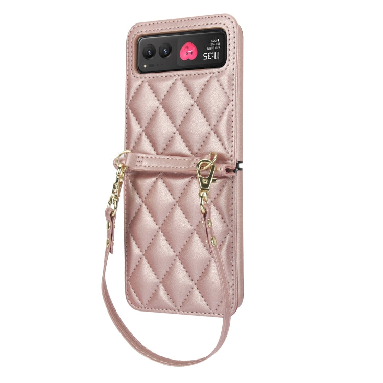 For Motorola Razr 40 Rhombic Texture Phone Case with Long & Short Lanyard(Rose Gold) - Motorola Cases by buy2fix | Online Shopping UK | buy2fix