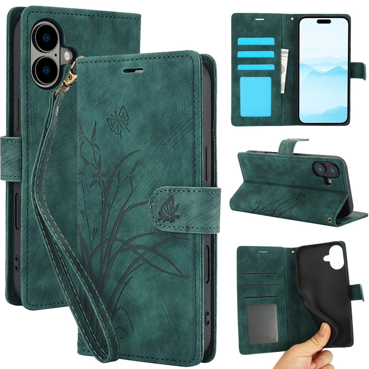 For iPhone 16 Plus Orchid Butterfly Embossed Leather Phone Case(Green) - iPhone 16 Plus Cases by buy2fix | Online Shopping UK | buy2fix