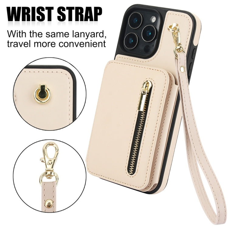 For iPhone 16 Pro Max YM006 Skin Feel Zipper Card Bag Phone Case with Dual Lanyard(Apricot) - iPhone 16 Pro Max Cases by buy2fix | Online Shopping UK | buy2fix