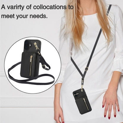 For iPhone 16 Plus YM006 Skin Feel Zipper Card Bag Phone Case with Dual Lanyard(Black) - iPhone 16 Plus Cases by buy2fix | Online Shopping UK | buy2fix