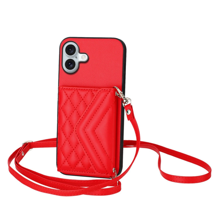 For iPhone 16 Plus Rhombic Texture Card Bag RFID Phone Case with Long Lanyard(Red) - iPhone 16 Plus Cases by buy2fix | Online Shopping UK | buy2fix