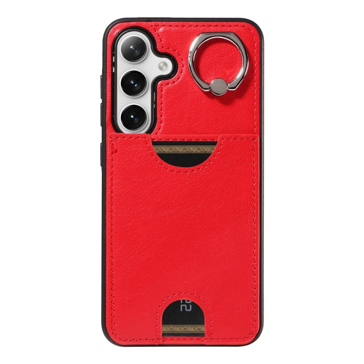 For Samsung Galaxy S24 5G Calf Texture Card Slot Ring Holder Phone Case(Red) - Galaxy S24 5G Cases by buy2fix | Online Shopping UK | buy2fix