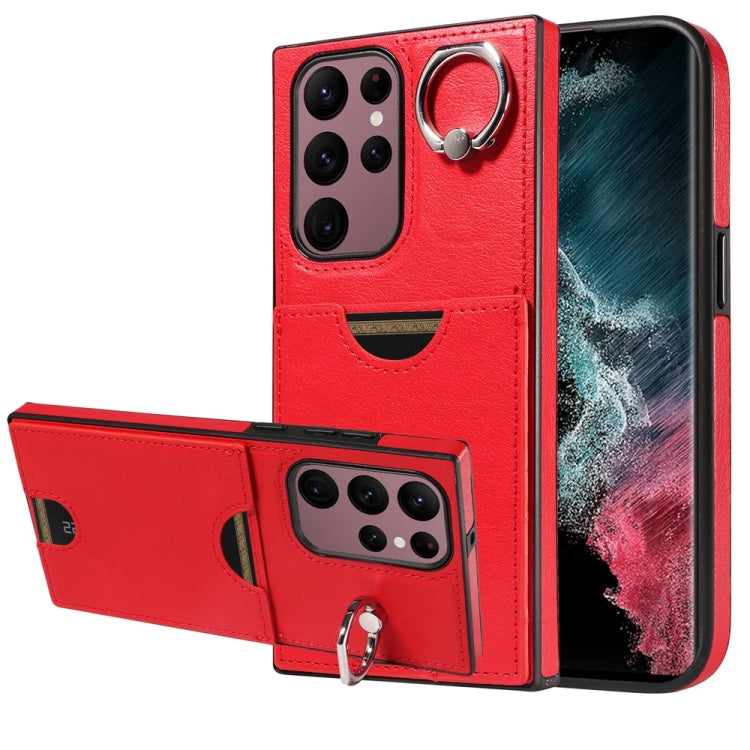 For Samsung Galaxy S22 Ultra 5G Calf Texture Card Slot Ring Holder Phone Case(Red) - Galaxy S22 Ultra 5G Cases by buy2fix | Online Shopping UK | buy2fix