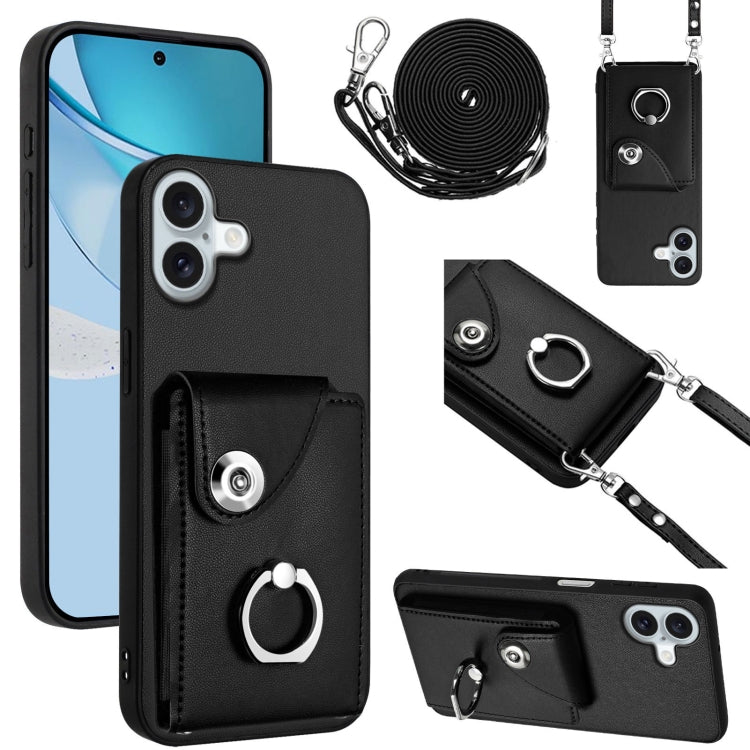 For iPhone 16 Plus Organ Card Bag Ring Holder Phone Case with Long Lanyard(Black) - iPhone 16 Plus Cases by buy2fix | Online Shopping UK | buy2fix