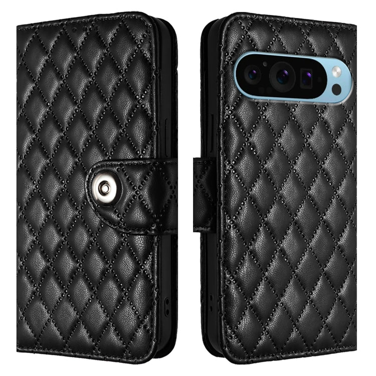 For Google Pixel 9 / Pixel 9 Pro Rhombic Texture Flip Leather Phone Case with Lanyard(Black) - Google Cases by buy2fix | Online Shopping UK | buy2fix