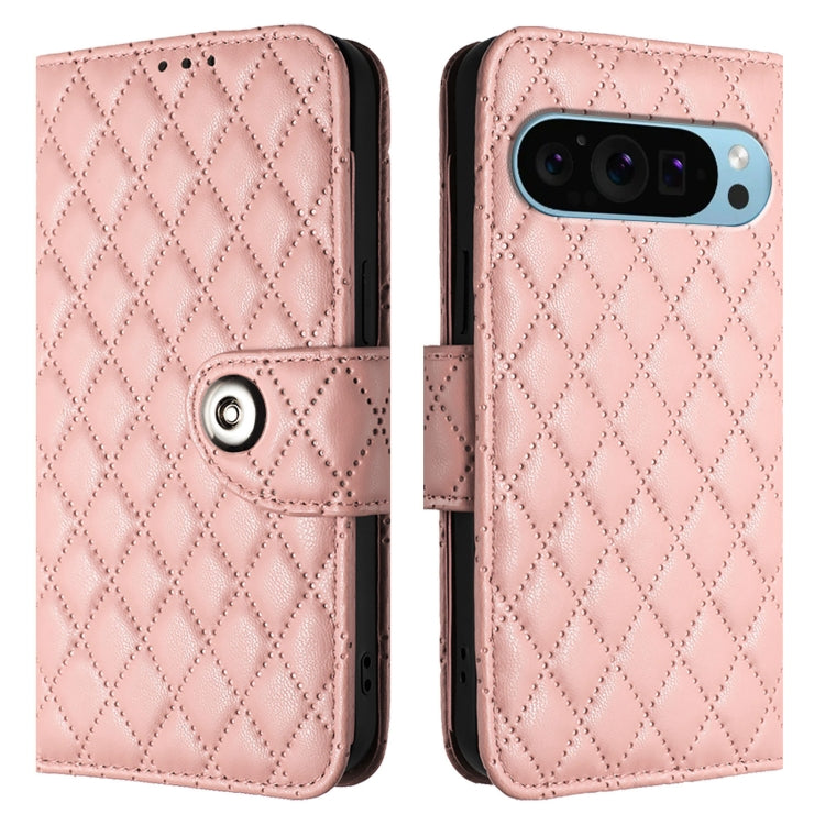 For Google Pixel 9 Pro XL Rhombic Texture Flip Leather Phone Case with Lanyard(Coral Pink) - Google Cases by buy2fix | Online Shopping UK | buy2fix