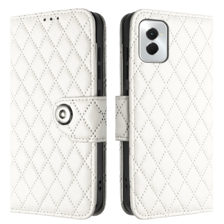 For Motorola Moto G Power 5G 2024 Rhombic Texture Flip Leather Phone Case with Lanyard(White) - Motorola Cases by buy2fix | Online Shopping UK | buy2fix