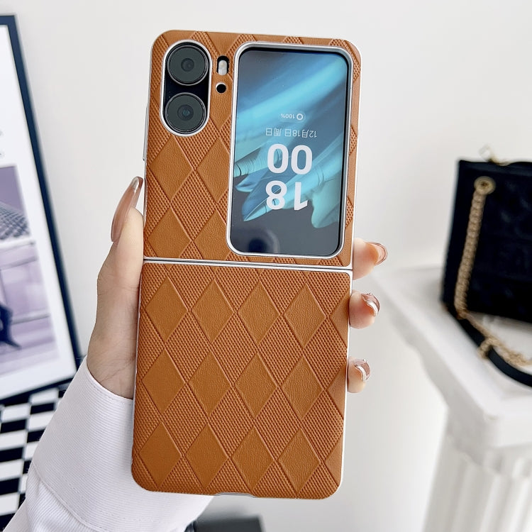 For OPPO Find N2 Flip Pearlescent Paint Diamond Shaped Checkered Leather Phone Case(Brown) - Find N2 Flip Cases by buy2fix | Online Shopping UK | buy2fix