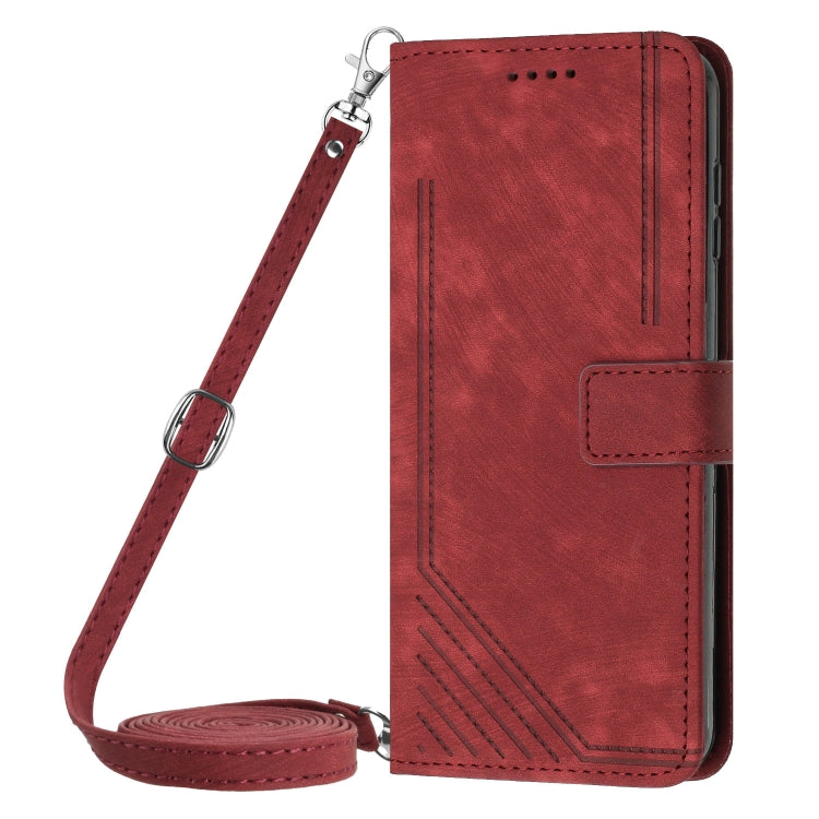 For Motorola Moto G Play 5G 2024 / G 5G 2024 Skin Feel Stripe Pattern Leather Phone Case with Long Lanyard(Red) - Motorola Cases by buy2fix | Online Shopping UK | buy2fix