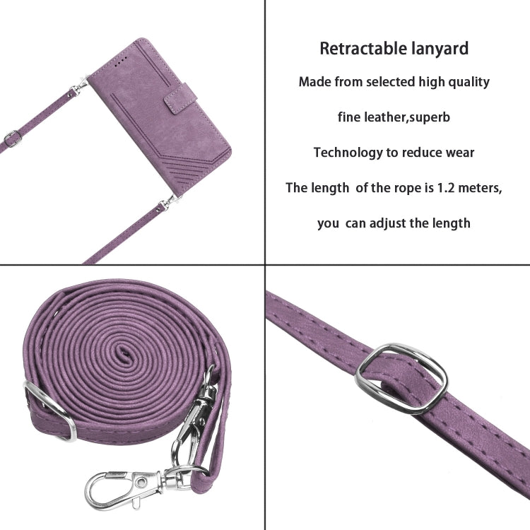 For Motorola Moto G Stylus 5G 2024 Skin Feel Stripe Pattern Leather Phone Case with Long Lanyard(Purple) - Motorola Cases by buy2fix | Online Shopping UK | buy2fix