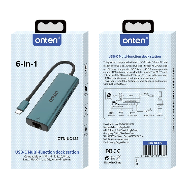 Onten UC122 6 in 1 USB-C / Type-C to SD + TF Card + USB 3.0 HUB with 5V Input & 100Mbps Network Card - USB HUB by Onten | Online Shopping UK | buy2fix