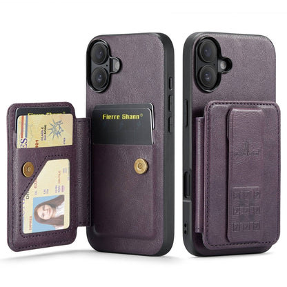 For iPhone 16 Fierre Shann Oil Wax Cow Leather Card Holder Back Phone Case(Purple) - iPhone 16 Cases by FIERRE SHANN | Online Shopping UK | buy2fix