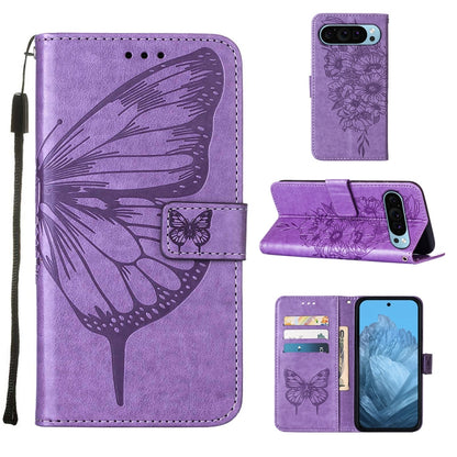 For Google Pixel 9 Embossed Butterfly Leather Phone Case(Purple) - Google Cases by buy2fix | Online Shopping UK | buy2fix