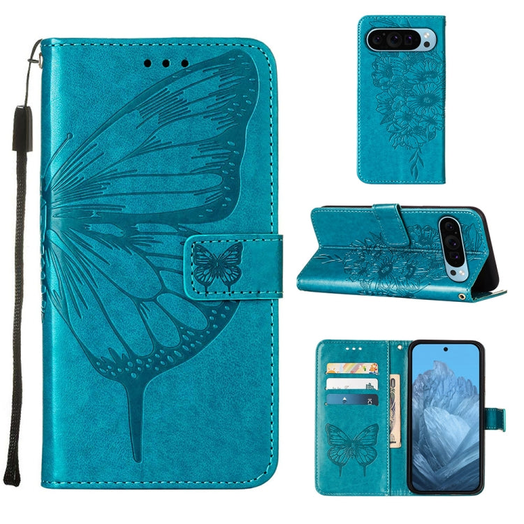 For Google Pixel 9 Embossed Butterfly Leather Phone Case(Blue) - Google Cases by buy2fix | Online Shopping UK | buy2fix