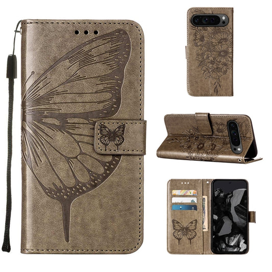 For Google Pixel 9 Pro Embossed Butterfly Leather Phone Case(Grey) - Google Cases by buy2fix | Online Shopping UK | buy2fix