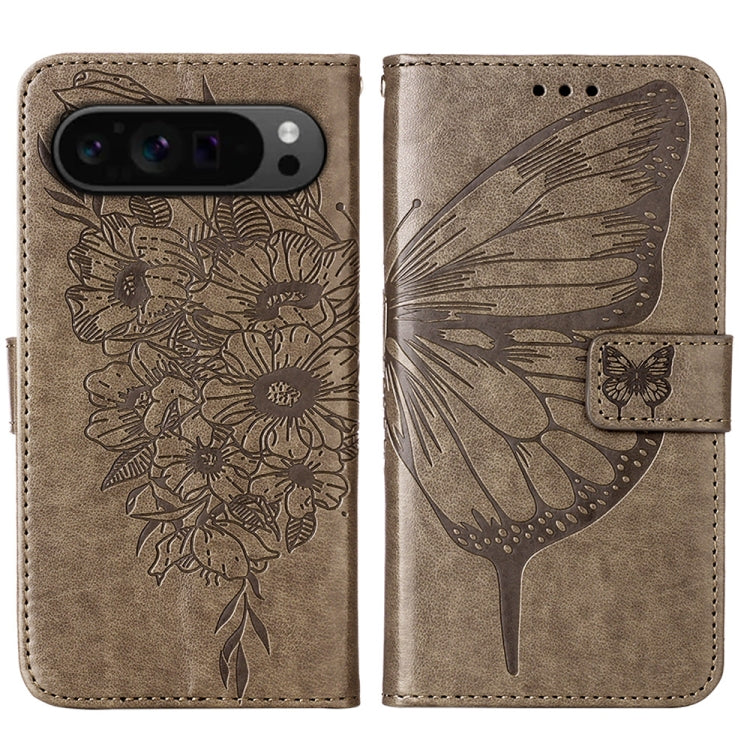 For Google Pixel 9 Pro Embossed Butterfly Leather Phone Case(Grey) - Google Cases by buy2fix | Online Shopping UK | buy2fix