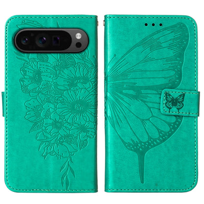 For Google Pixel 9 Pro Embossed Butterfly Leather Phone Case(Green) - Google Cases by buy2fix | Online Shopping UK | buy2fix