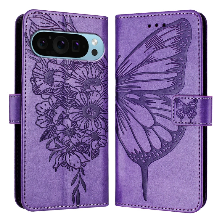 For Google Pixel 9 Pro XL Embossed Butterfly Leather Phone Case(Purple) - Google Cases by buy2fix | Online Shopping UK | buy2fix